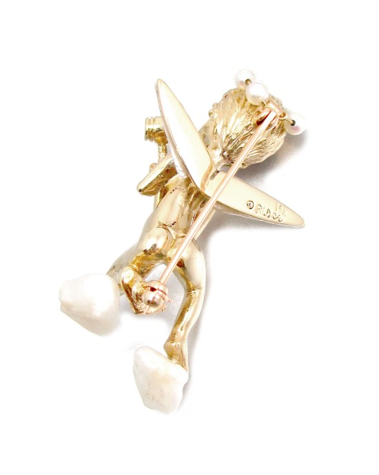 Ruser Freshwater Pearl and Sapphire Cherub with Mallet Pin in Yellow Gold